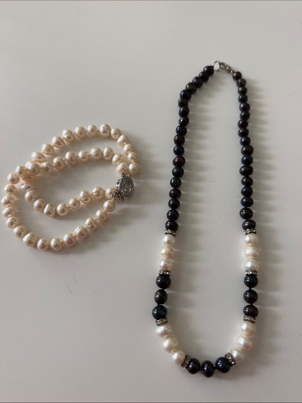 Faux Pearl and Black Necklace and faux pearl double bracelet